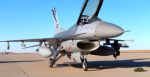 F-16 with under wing external drop tanks mounted to pylons